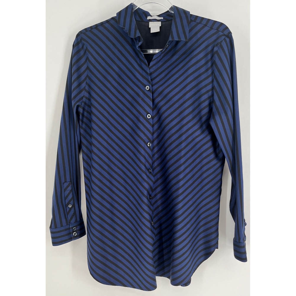 CHICO'S Button Down Shirt Womens Med Blue Black Diagonal Stripe No-Iron Stretch